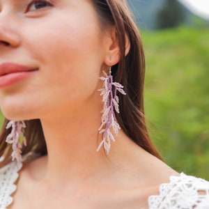 Handmade Beaded Dangle Earrings: Purple Seed Bead Boho Jewelry