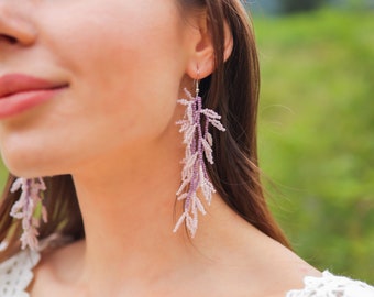 Purple Beaded Dangle Earrings, Seed Bead Leaf Earrings, Long Statement Earrings