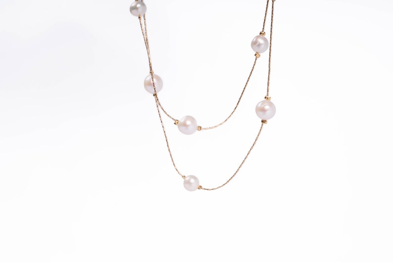 Long Pearl Station Necklace Real Pearl Floating Necklace Etsy