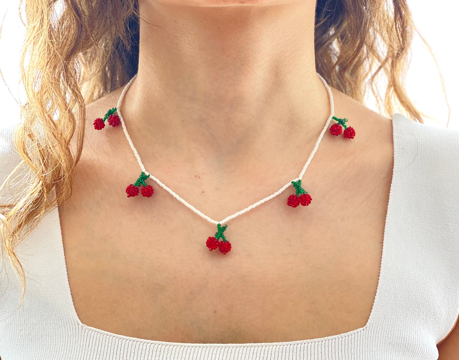 Cherry Beaded Necklace Red Cherries Gift Summer Gift Ladies Etsy