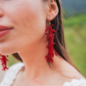 Red Seed Bead Leaf Earrings: Long Dangle Statement Jewelry