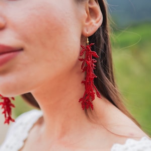 Red Beaded Dangle Earrings, Seed Bead Leaf Earrings, Long Statement Earrings