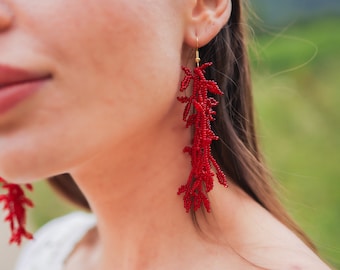 Red Beaded Dangle Earrings, Seed Bead Leaf Earrings, Long Statement Earrings