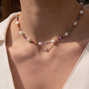 Pearl Beaded Choker Necklace, Freshwater Pearl Choker, Colorful Summer Necklace, Festival Beach Choker, Gift For Her