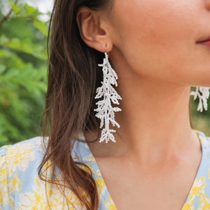White Seed Bead Dangle Earrings: Handmade Statement Beach Jewelry