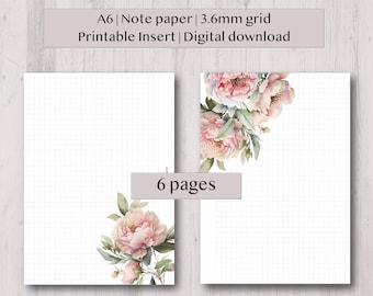A6 | Grid note paper | 6 pages | Digital printable | Floral Minimal grid layout | Ring planner insert