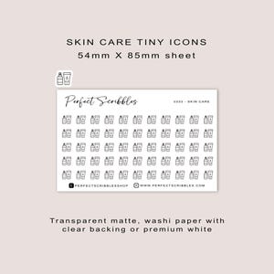 Pegatinas de planificador con íconos pequeños CUIDADO DE LA PIEL / Minimalistas / Hoja tamaño tarjeta de crédito / Mate transparente / Washi