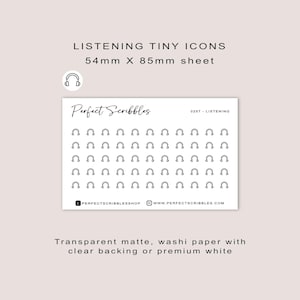 May include: A sheet of tiny listening icons, measuring 5.4cm x 8.5cm, with a transparent matte finish. The sheet features numerous small black headphone icons. The text "LISTENING TINY ICONS" and "Perfect Scribbles" are also visible.