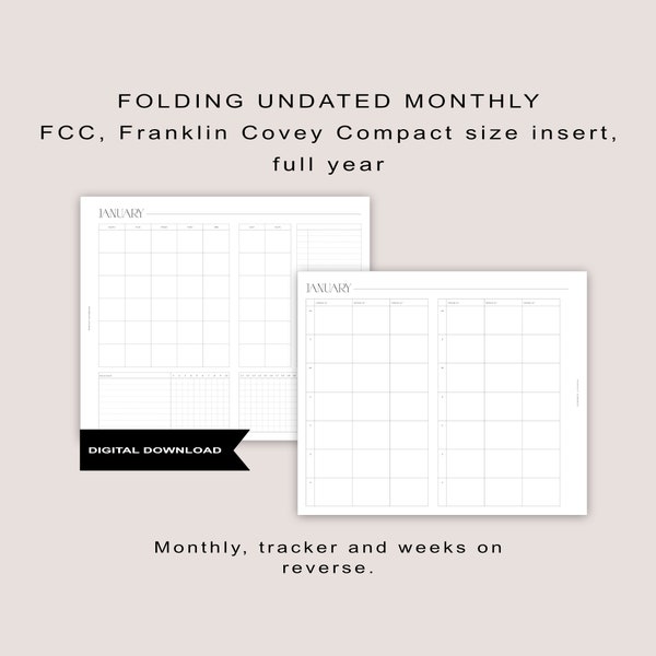 FCC | Franklin Covey Compact | Full year monthly foldout inserts with tracker and weeks on reverse | Ring planner insert | Digital download