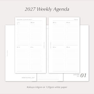 May include: A 2027 weekly agenda planner layout on white paper. The pages feature lined sections for each day of the week, including a to-do list area. Text includes 2027 Weekly Agenda, January 2027, and Kokuyo 64gsm or 120gsm white paper.