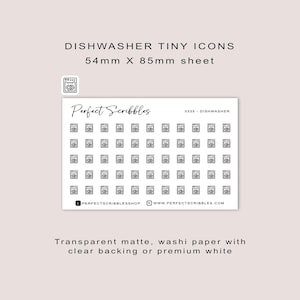 Pegatinas de planificador con pequeños iconos de LAVAVAJILLAS / Minimalistas / Hoja tamaño tarjeta de crédito / Mate transparente / Washi