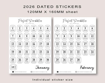 May include: Two sheets of 2026 dated stickers. Each sheet is 120mm x 160mm. The stickers are for January and February, with individual sticker sizes of 15mm x 18.7mm. The stickers are white with black text, featuring the days of the month.