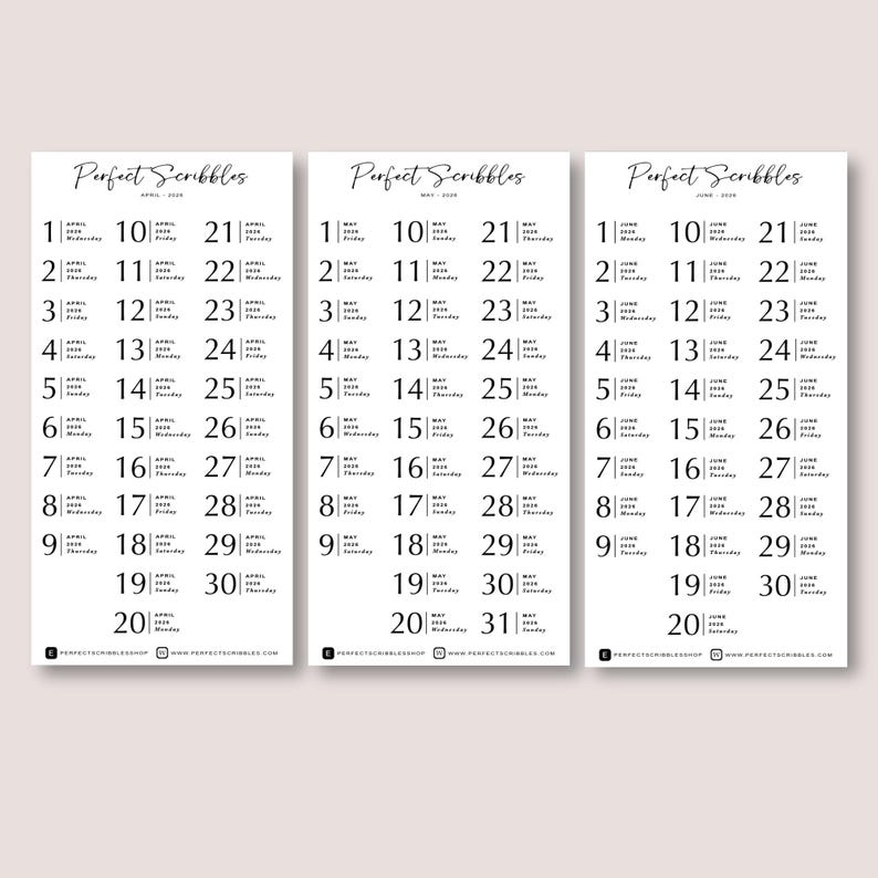 May include: Three minimalist black and white calendars, each displaying a different month with dates, days, and the text "Perfect Scribbles." The calendars are arranged vertically, with a clean, modern design.