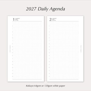 May include: A 2027 daily agenda planner layout featuring two white pages with a grid pattern, hourly schedule markings from 0 to 23, and date headers for January 1st and 2nd. The paper is specified as Kokuyo 64gsm or 120gsm white paper.
