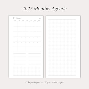 Può includere: Un inserto per agenda mensile 2027 con una pagina bianca che presenta un calendario a griglia nera per gennaio, una sezione per le note e una seconda pagina con una griglia completa. Il testo riporta 2027 Monthly Agenda e Kokuyo 64gsm or 120gsm white paper.