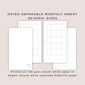 May include: White monthly planner inserts with a dated calendar layout for January 2026. The text reads "DATED SEPARABLE MONTHLY INSERT SEVERAL SIZES". Printed on 120 gsm smooth white paper or 64gsm natural white Japanese KOKUYO paper.