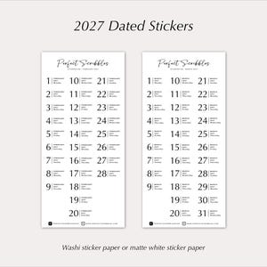 May include: Two vertical white sticker sheets labelled 2027 Dated Stickers. Each sheet features the text Perfect Scribbles and lists dates for February and March 2027 with corresponding days of the week. The bottom includes website and social media icons.