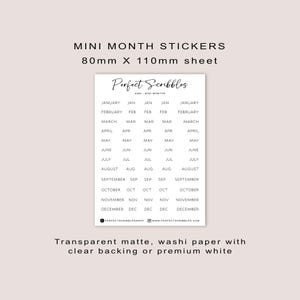 May include: A sheet of mini month stickers, 80mm x 110mm, with the text "Perfect Scribbles." Each sticker features a month name and abbreviation in a simple, clean font. The sheet includes months from January to December.