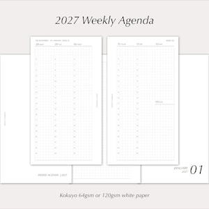 Op de afbeelding: Een wekelijkse agenda voor 2027 gedrukt op wit papier. Het ontwerp bevat een rastergebaseerd schema met uurlijkse tijdslots van 0 tot 23. De tekst bevat 2027 Weekly Agenda, January 2027 en Kokuyo 64gsm or 120gsm white paper.