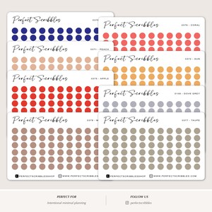 May include: Eight rectangular sticker sheets labeled Perfect Scribbles, each featuring rows of small solid circular stickers in various colors including blue, coral, peach, yellow, red, grey, light brown, and taupe, with social media handles at the bottom.