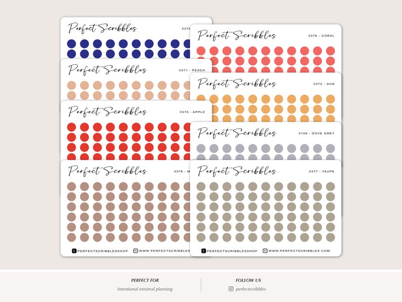 May include: Eight rectangular sticker sheets labeled Perfect Scribbles, each featuring rows of small solid circular stickers in various colors including blue, coral, peach, yellow, red, grey, light brown, and taupe, with social media handles at the bottom.