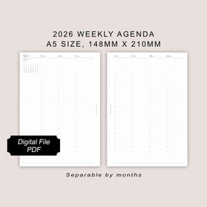 May include: A5 size 2026 weekly agenda digital file. The agenda is 148mm x 210mm and separable by months. The pages are white with a grid pattern and include a calendar. The digital file is in PDF format.