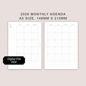 Könnte beinhalten: Ein digitales PDF-Agenda für 2026, A5-Format, mit monatlichem Kalenderlayout. Die Seiten sind weiß mit einem Rastermuster und enthalten den Text "2026 MONTHLY AGENDA A5 SIZE, 148MM X 210MM" und "Digital File PDF".
