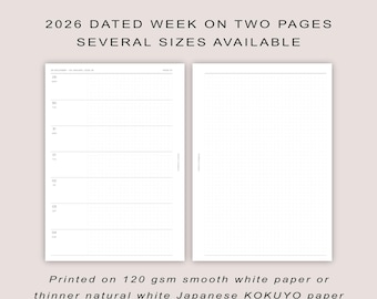 2026 DATED Horizontal Weekly Planner Inserts | PRINTED | A5, Personal, Personal wide, FCC, A6, Pocket Plus, Pocket | Paper option