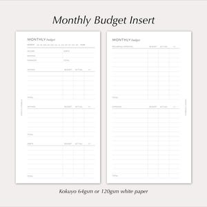 May include: A white paper Monthly Budget Insert featuring two pages with printed black text and grid lines. The left page includes sections for income, savings, expenses, and debts. The right page tracks recurring expenses and expenses. Text includes Kokuyo 64gsm or 120gsm white paper.