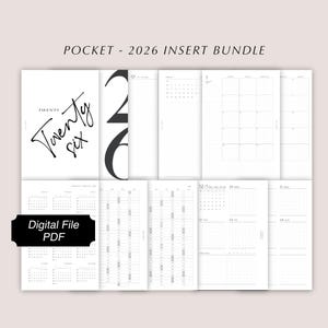May include: A collection of white pocket-sized planner inserts for 2026. The inserts include monthly and yearly calendars, along with a cover page that reads "Twenty Six" in a stylish script. The words "Digital File PDF" are also visible.