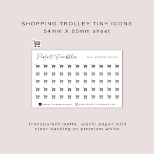 Pegatinas de planificador con icono pequeño de CARRITO DE COMPRAS / Minimalista / Hoja tamaño tarjeta de crédito / Mate transparente / Washi