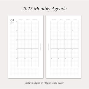 Op de afbeelding: Een maandelijkse agenda voor 2027 gedrukt op wit papier. De spread over twee pagina's bevat een rasterkalender voor januari 2027 met de dagen van de week in zwarte tekst. De onderste tekst specificeert Kokuyo 64gsm of 120gsm wit papier.