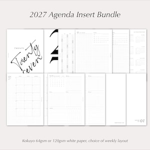 Op de afbeelding: Een 2027 agenda-inzetbundel bestaande uit witte papieren pagina's met zwarte inkt. De collectie bevat diverse lay-outs zoals maandkalenders, rasterpagina's en weekplanners. De tekst 2027 Agenda Insert Bundle en Twenty Twenty Seven zijn zichtbaar.