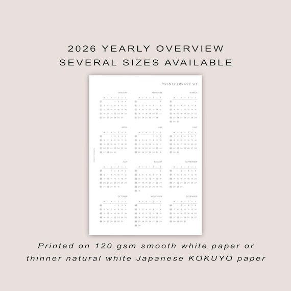 2026 Yearly Planner Overview Insert: Several Sizes (PRINTED)