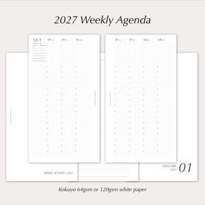 May include: A 2027 weekly agenda planner featuring white pages with a grid layout. The top displays the text 2027 Weekly Agenda. The pages show dates from December 1st to January 5th, with a small calendar and the text Kokuyo 64gsm or 120gsm white paper.