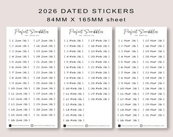 May include: White sticker sheets with dates for 2026. Each sheet is 84mm x 165mm and features dates for a month. The stickers are labeled "Perfect Scribbles".