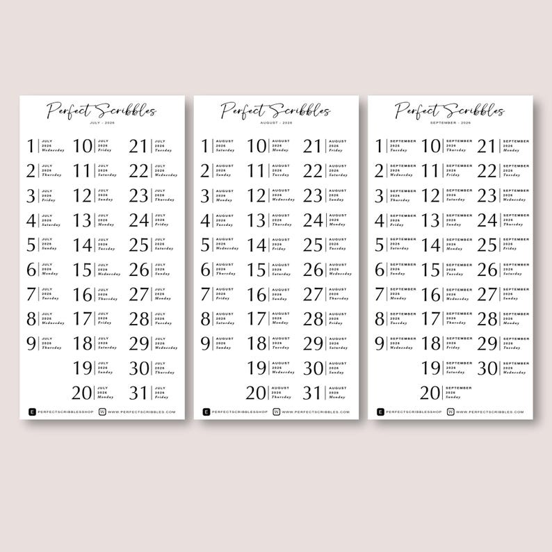 May include: Three minimalist calendar prints with the text "Perfect Scribbles" at the top. Each calendar displays a month's dates in a simple, black and white design. The calendars are for July, August, and September.