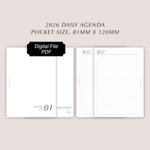 May include: A white 2026 daily agenda, pocket size, with a grid layout. The agenda is 81mm x 120mm. The cover features the text "Digital File PDF" and the date "January 01, 2026".