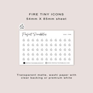 Pegatinas para planificador con íconos pequeños de FIRE / Minimalistas / Hoja tamaño tarjeta de crédito / Mate transparente / Washi