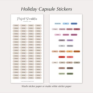 May include: Two sheets of Holiday Capsule Stickers by Perfect Scribbles. The left sheet features rows of beige oval stickers labelled Holiday. The right sheet displays various coloured oval stickers with text including Powder Blue, Sky, and Rose.