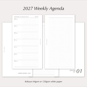 Op de afbeelding: Een 2027 weekagenda-indeling gedrukt op wit papier. Het ontwerp bevat een verticaal weekschema met rasterlijnen, data van 28 december tot 03 januari, en de tekst 2027 Weekly Agenda, January 2027, en Kokuyo 64gsm of 120gsm.