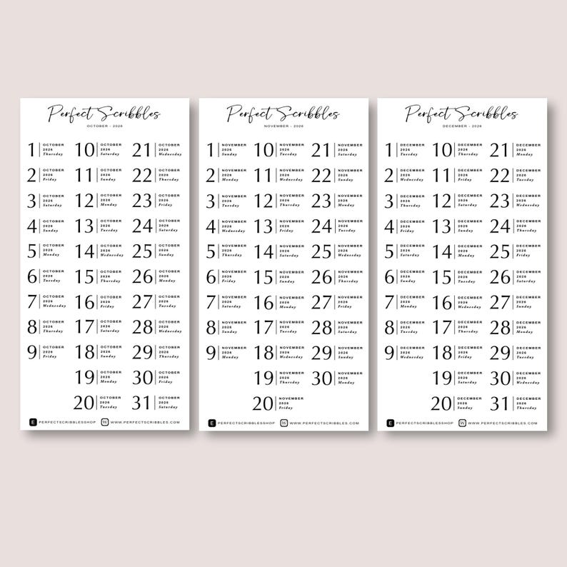 May include: Three minimalist black and white calendars, each displaying a different month. The calendars feature the text "Perfect Scribbles" at the top, with dates and days of the week in a clean, readable font. The calendars are for October, November, and December 2020.