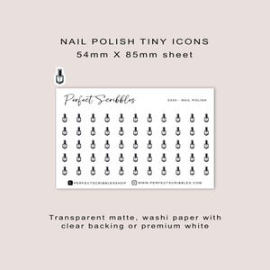 Pegatinas de planificador con pequeños iconos de ESMALTE DE UÑAS / Minimalistas / Hoja tamaño tarjeta de crédito / Mate transparente / Washi