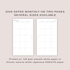 Può includere: Pagina doppia di un'agenda mensile del 2026. La pagina sinistra mostra la prima metà di gennaio, la pagina destra la seconda metà. Il testo in alto recita "2026 DATED MONTHLY ON TWO PAGES SEVERAL SIZES AVAILABLE." Il testo in basso dice "Printed on 120 gsm smooth white paper or thinner natural white Japanese KOKUYO paper."