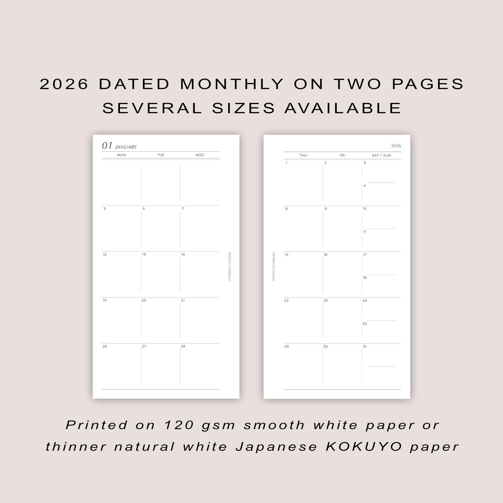 2026 Monthly Planner Inserts: Stacked Weekend, Several Sizes (PRINTED ...