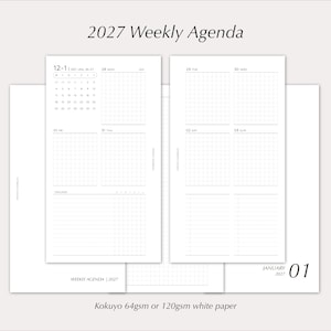 May include: A 2027 weekly agenda planner layout printed on white paper. The pages feature a grid-based weekly schedule, a monthly calendar overview, and a tracker section. The text includes 2027 Weekly Agenda, January 2027, and Kokuyo 64gsm or 120gsm white paper.