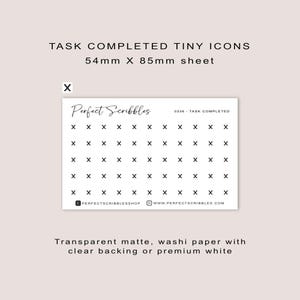 TAAK VOLTOOID kleine pictogramstickers | Minimaal | Creditcardformaatblad | Transparant mat | Washi