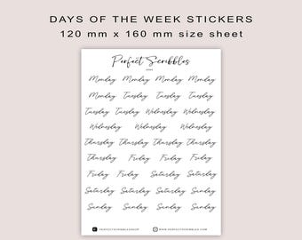 May include: A sheet of stickers with the days of the week written in a cursive script. The sheet measures 120 mm by 160 mm. The text "Perfect Scribbles" is at the top of the sheet.