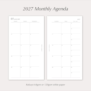 Könnte beinhalten: Ein monatlicher Terminkalender für 2027 auf weißem Papier. Die zweiseitige Ansicht zeigt ein Raster für Januar mit Wochentagen, Daten und einem Notizbereich. Der Text lautet 2027 Monthly Agenda und Kokuyo 64gsm or 120gsm white paper.