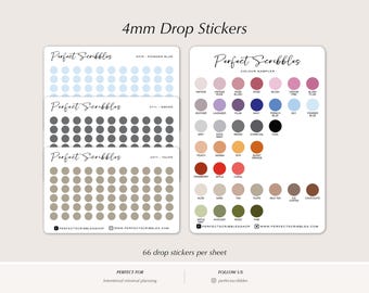 May include: Three sheets of 4mm drop stickers in powder blue, smoke, and taupe, alongside a color sampler sheet featuring various circular stickers labeled with names like vintage, rose, navy, charcoal, and moss, all branded Perfect Scribbles.